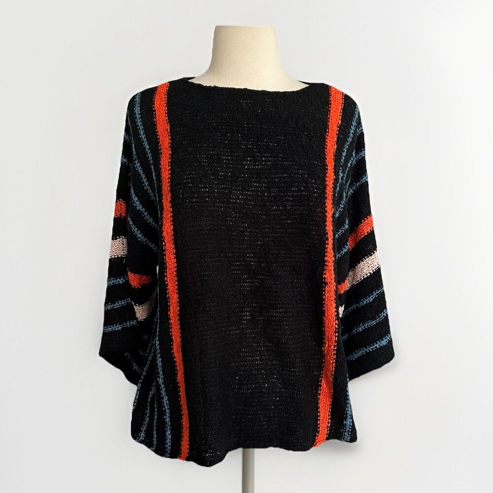 Women’s Sz Small Bright Striped Relaxed Fit Open Knit Sweater Orange Blue Black